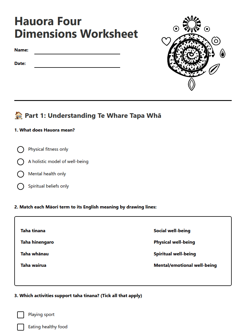 Hauora Four Dimensions Worksheet worksheet preview