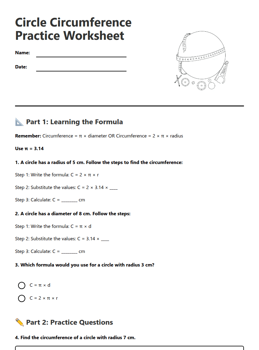 Circle Circumference Practice Worksheet worksheet preview
