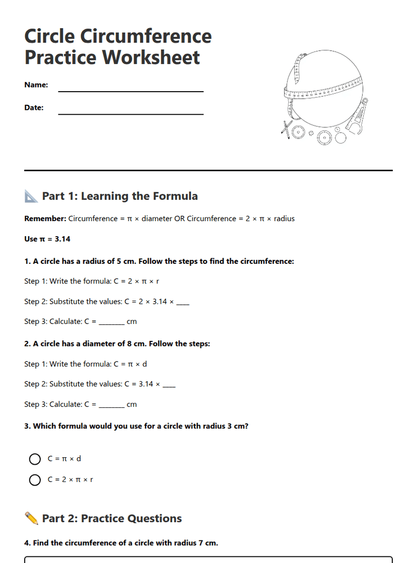 Circle Circumference Practice Worksheet
