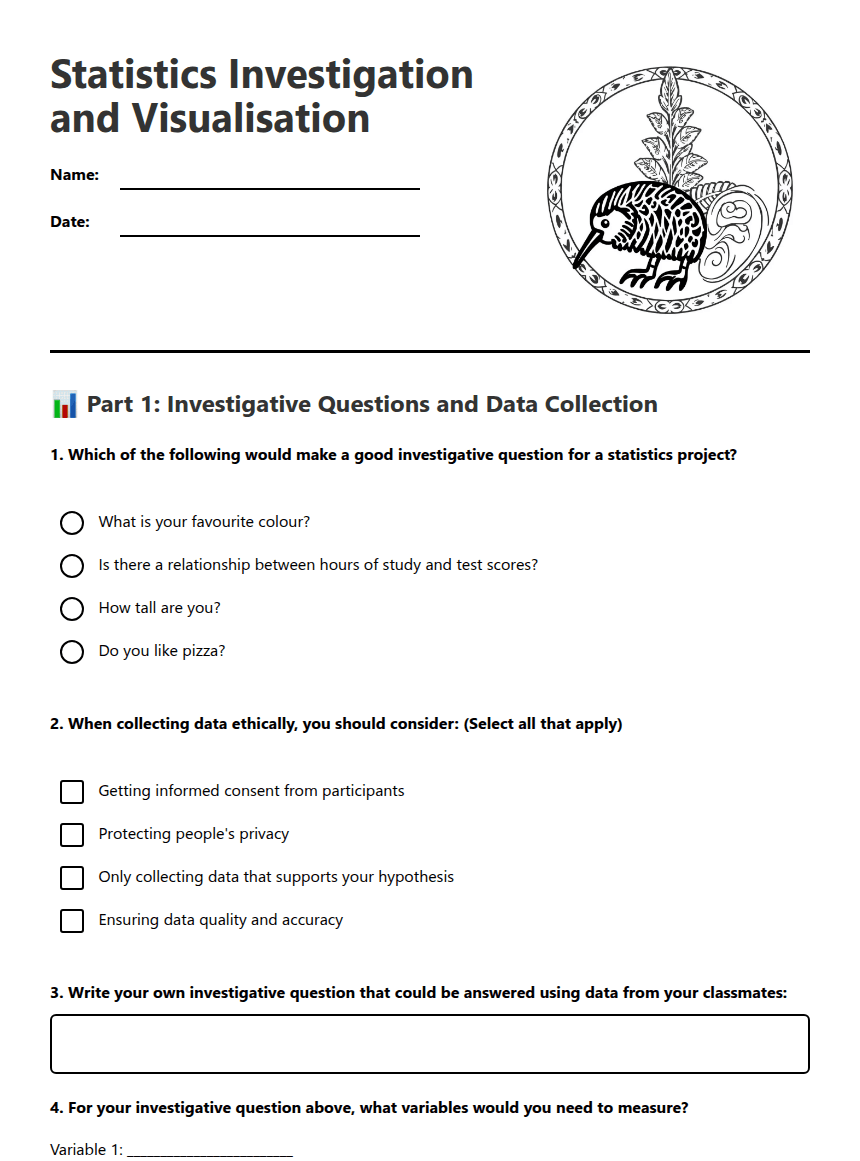 Statistics Investigation and Visualization worksheet preview
