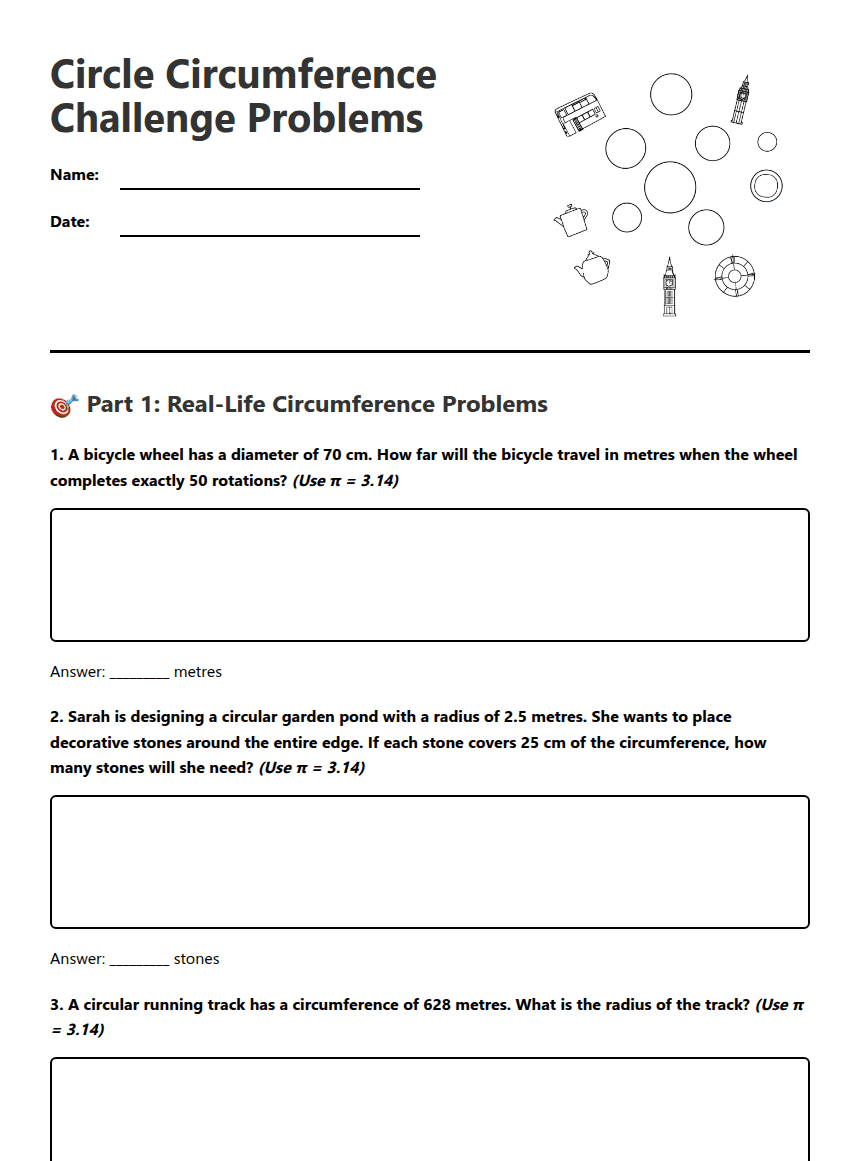 Circle Circumference Challenge Problems worksheet preview