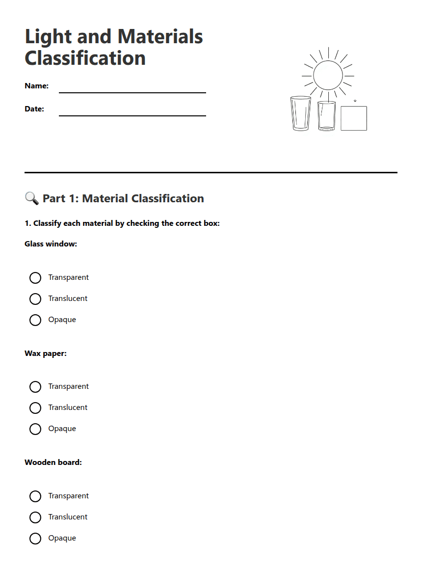 Light and Materials Classification worksheet preview