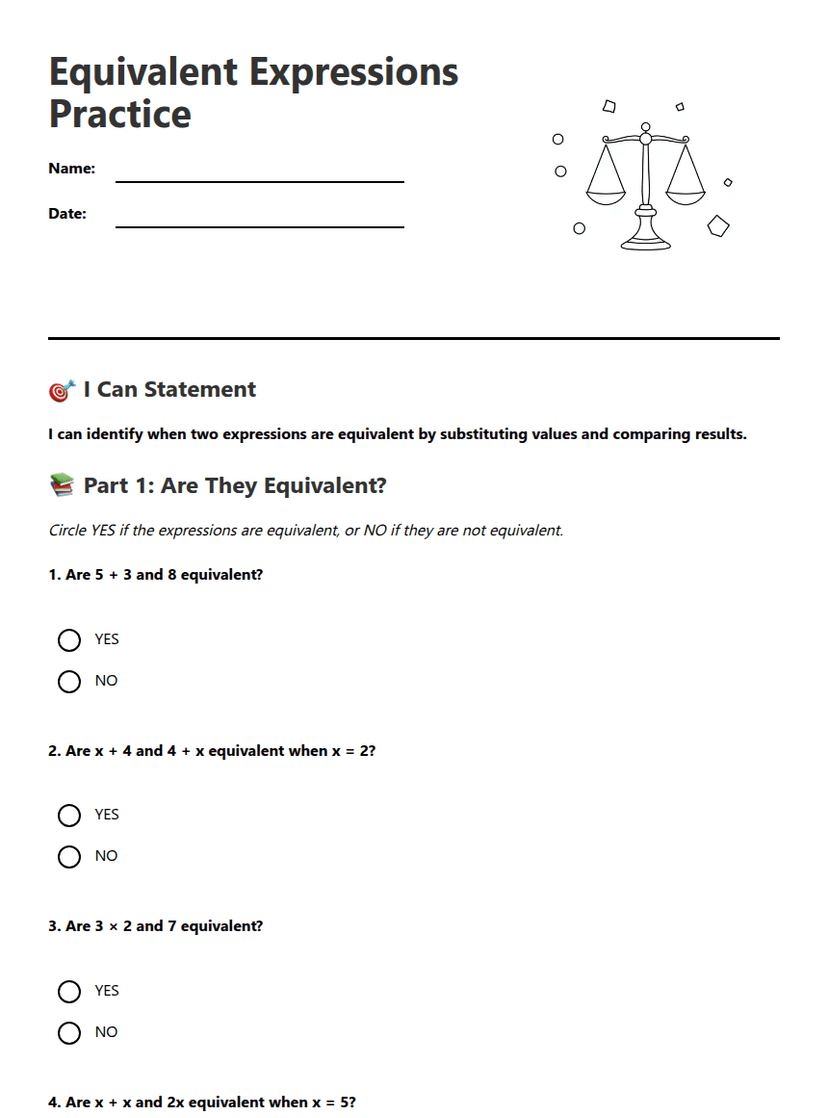 Equivalent Expressions Practice