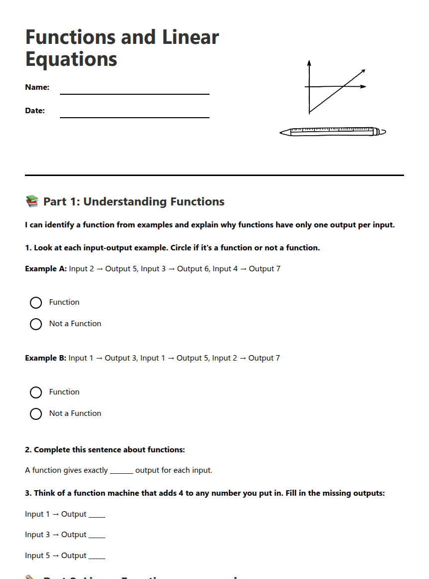 Functions and Linear Equations worksheet preview
