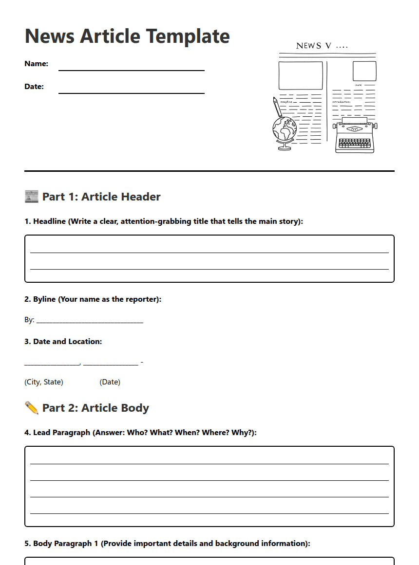 News Article Template worksheet preview