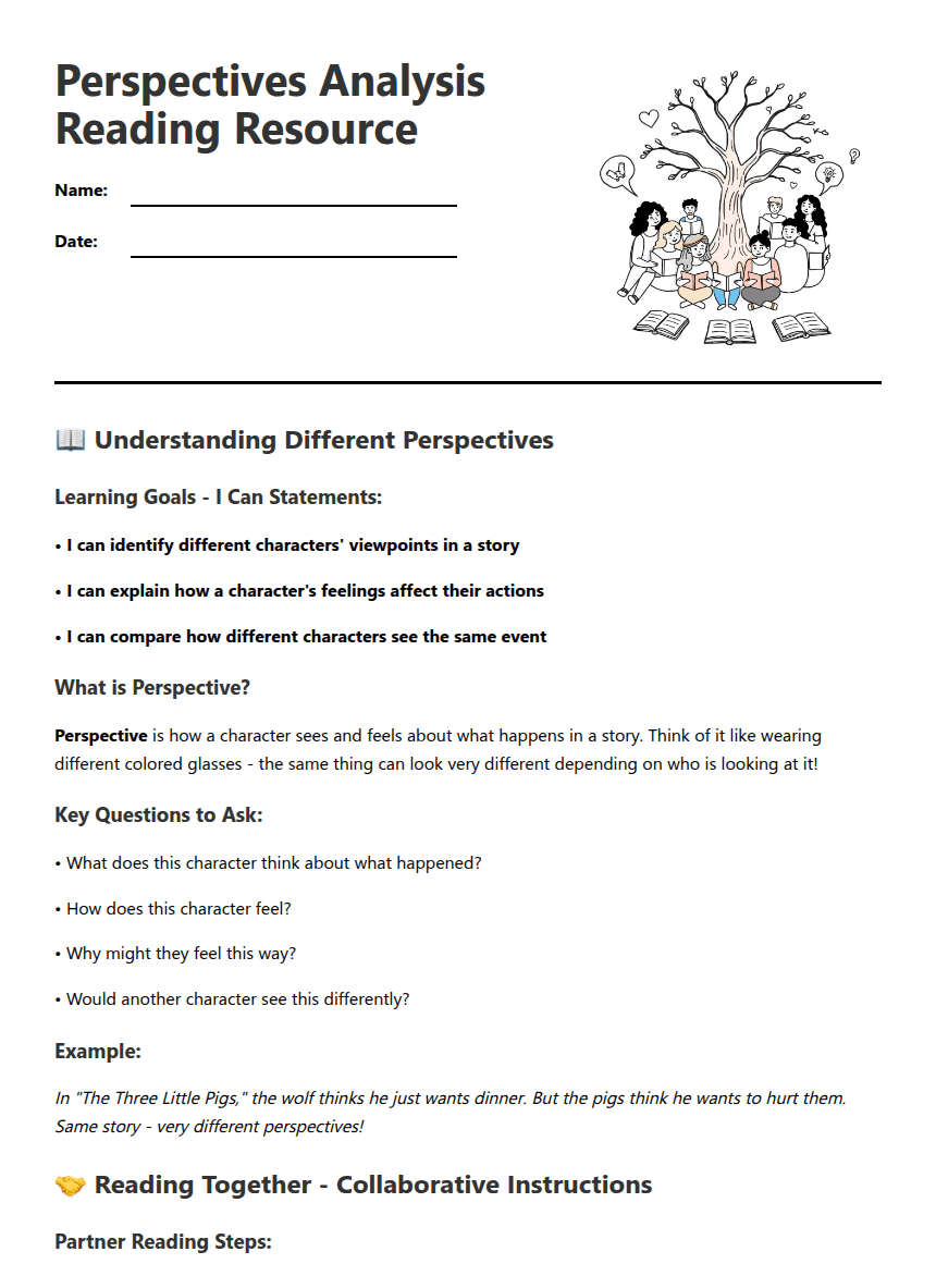 Perspectives Analysis Reading Resource worksheet preview