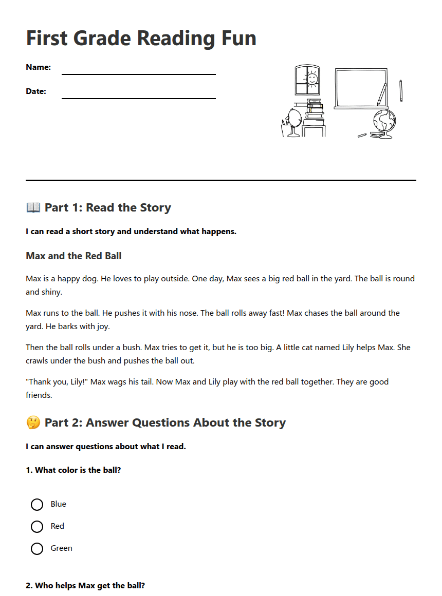 First Grade Reading Fun worksheet preview
