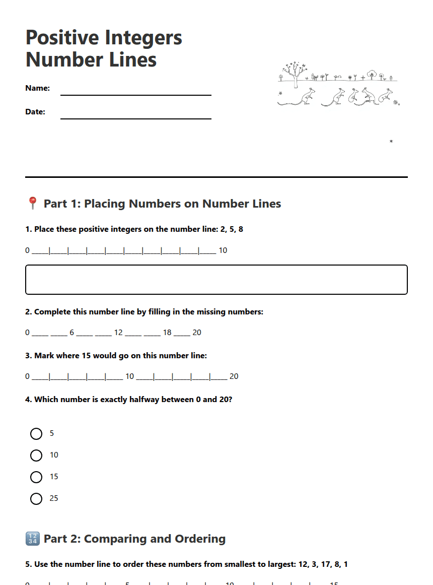 Positive Integers Number Lines worksheet preview