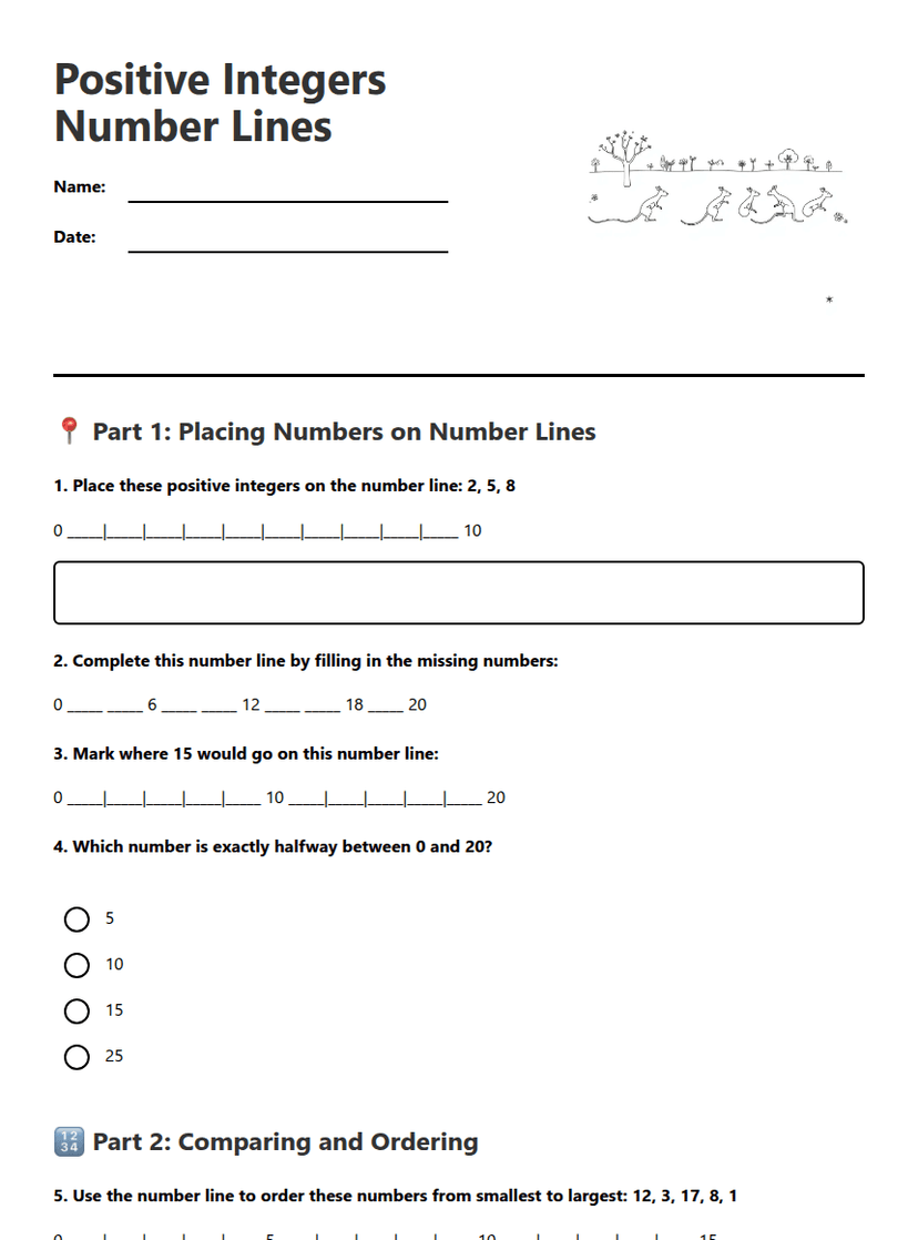 Positive Integers Number Lines