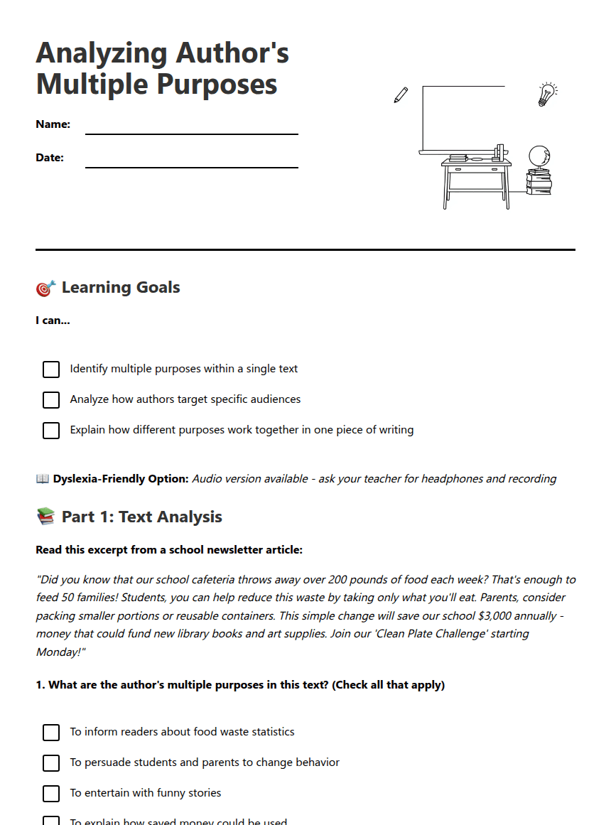 Analyzing Author's Multiple Purposes worksheet preview