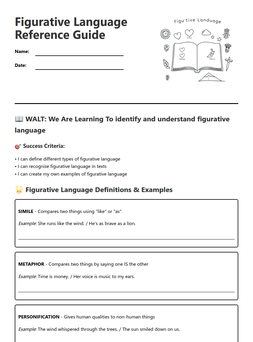 Figurative Language Reference Guide worksheet preview
