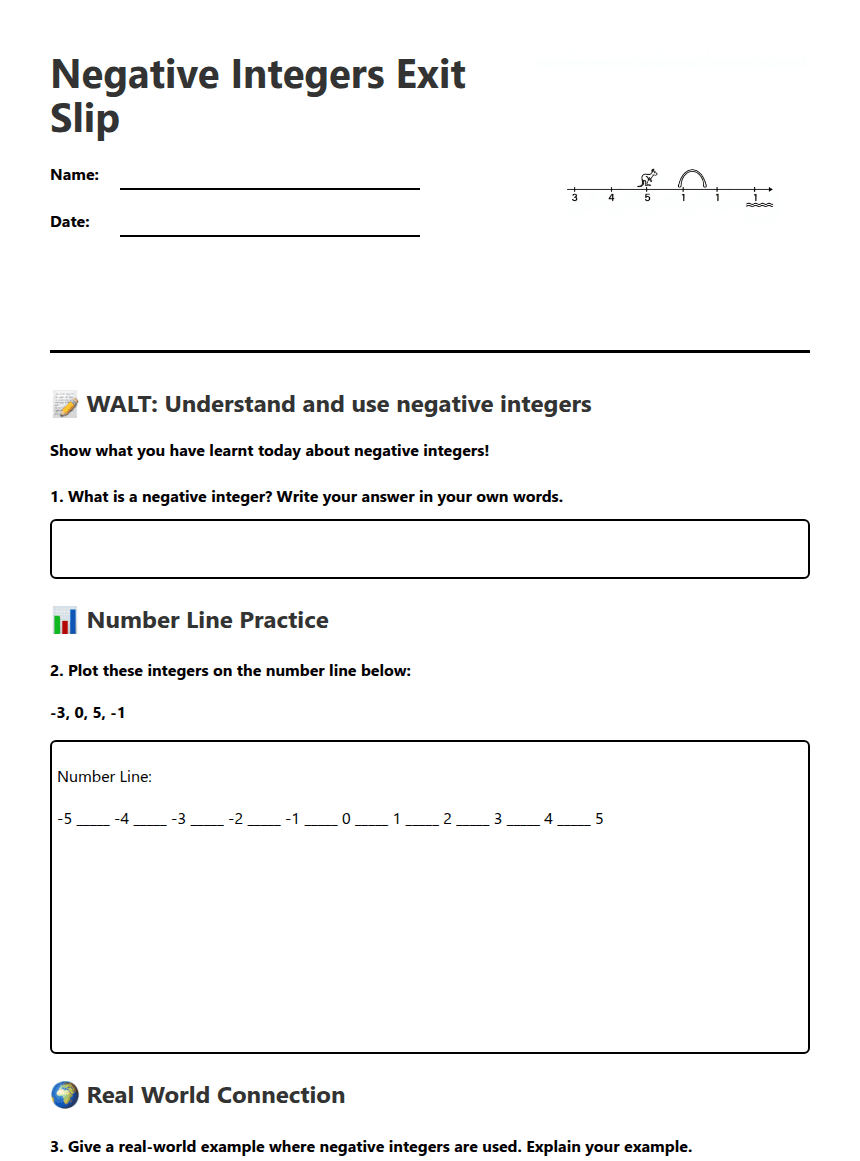 Negative Integers Exit Slip worksheet preview