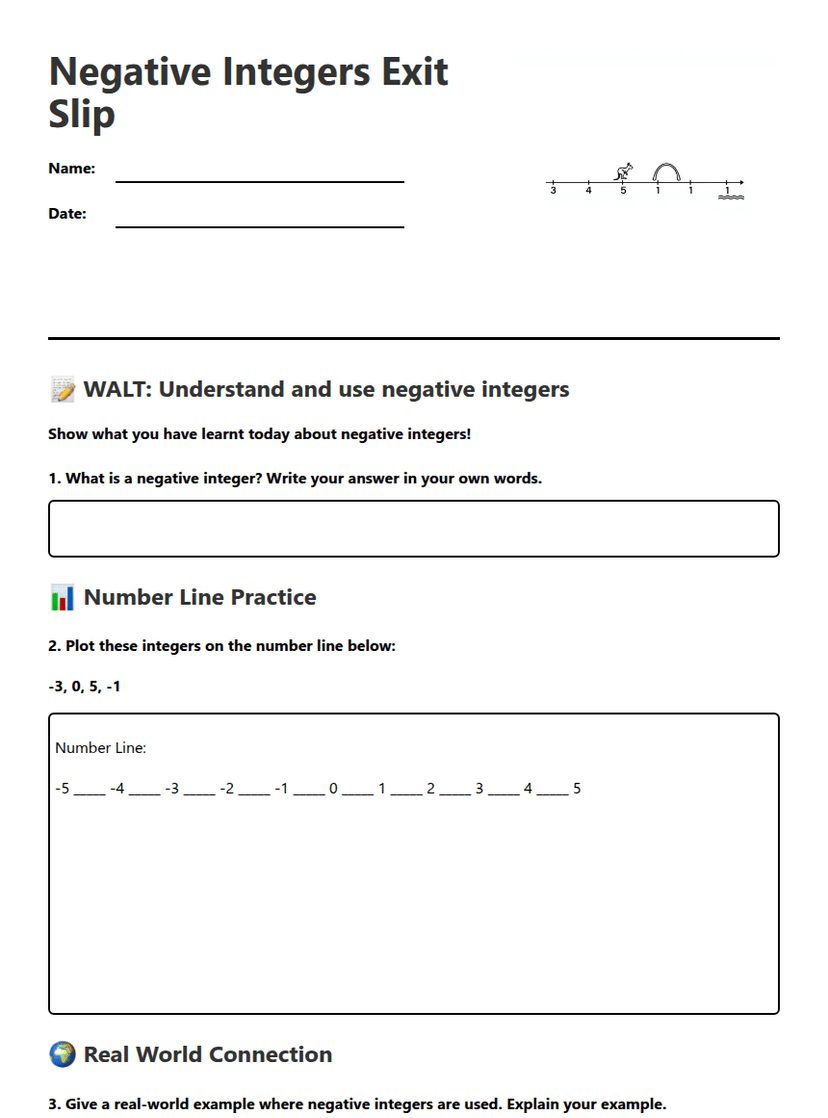Negative Integers Exit Slip