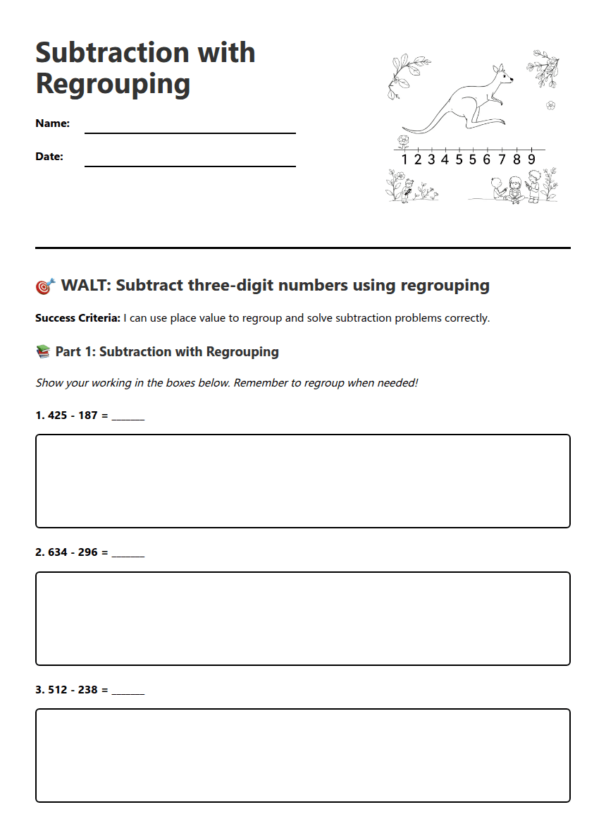 Subtraction with Regrouping worksheet preview