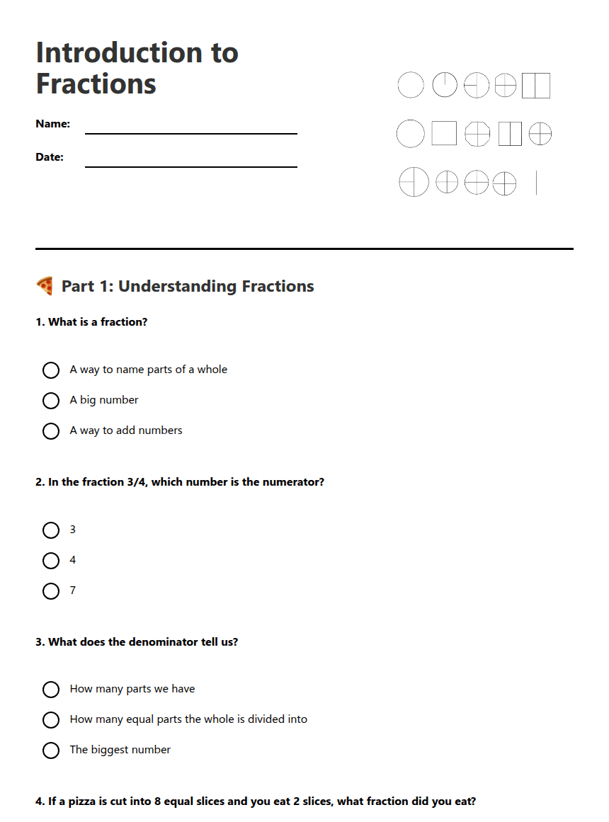 Introduction to Fractions worksheet preview