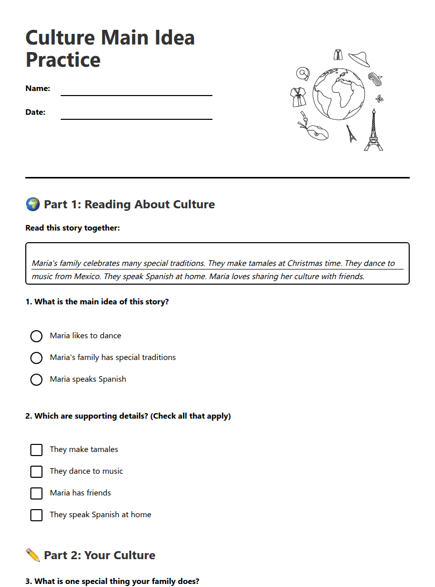 Culture Main Idea Practice worksheet preview