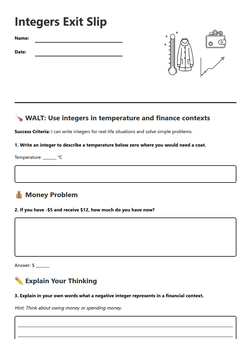 Integers Exit Slip worksheet preview