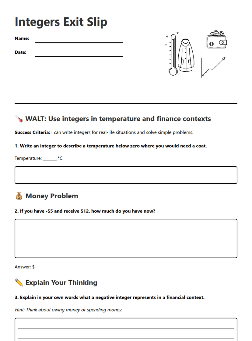 Integers Exit Slip