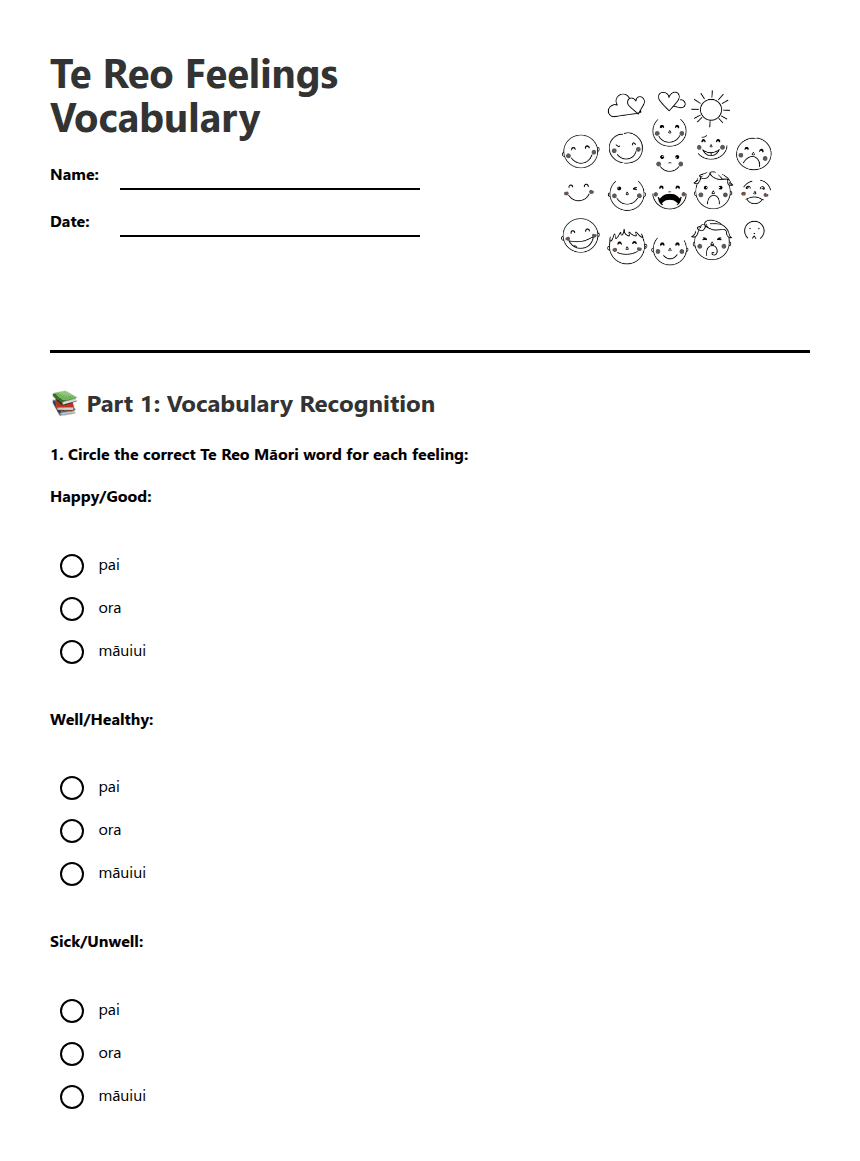 Te Reo Feelings Vocabulary worksheet preview