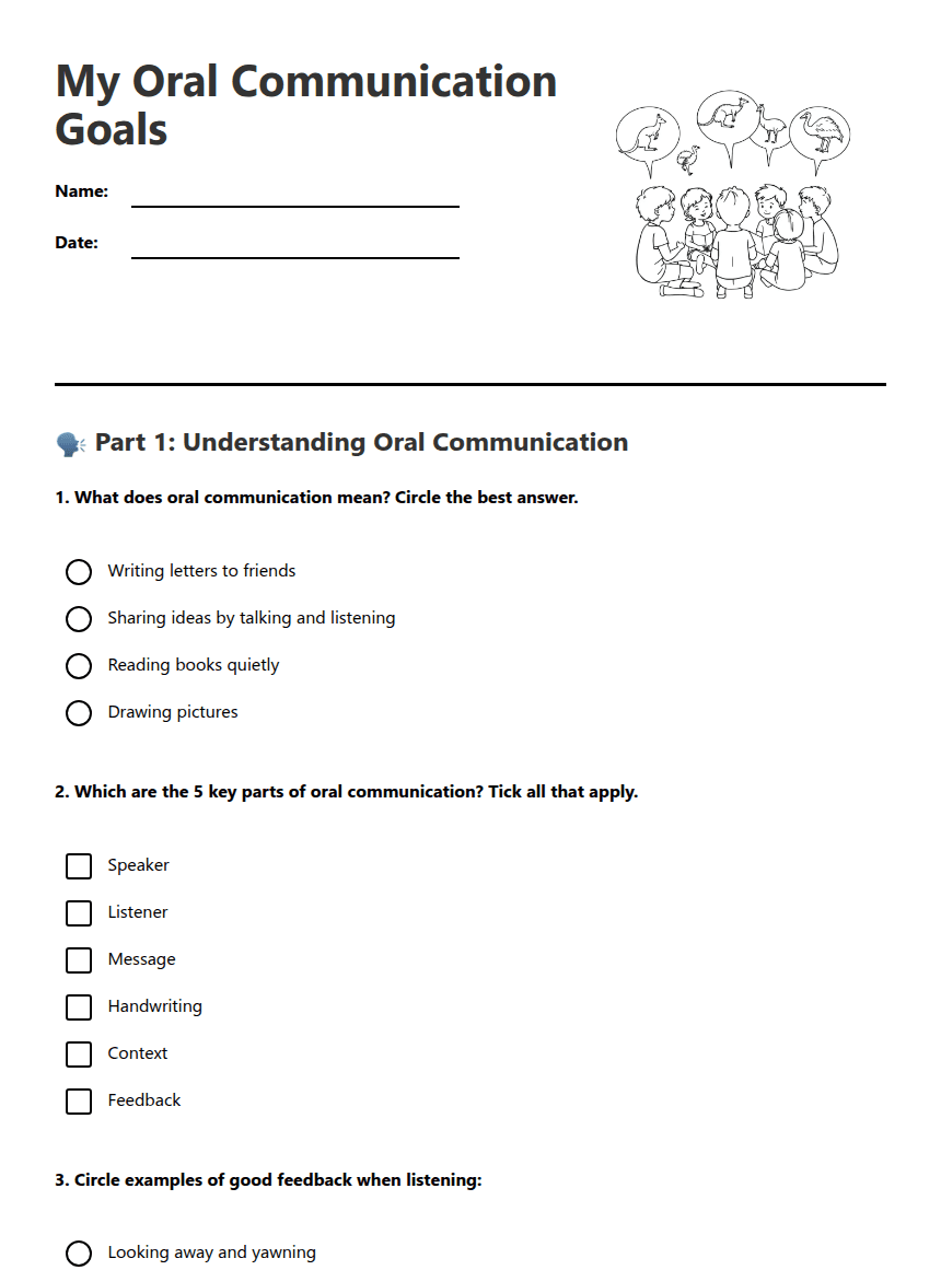Oral Communication Goals worksheet preview