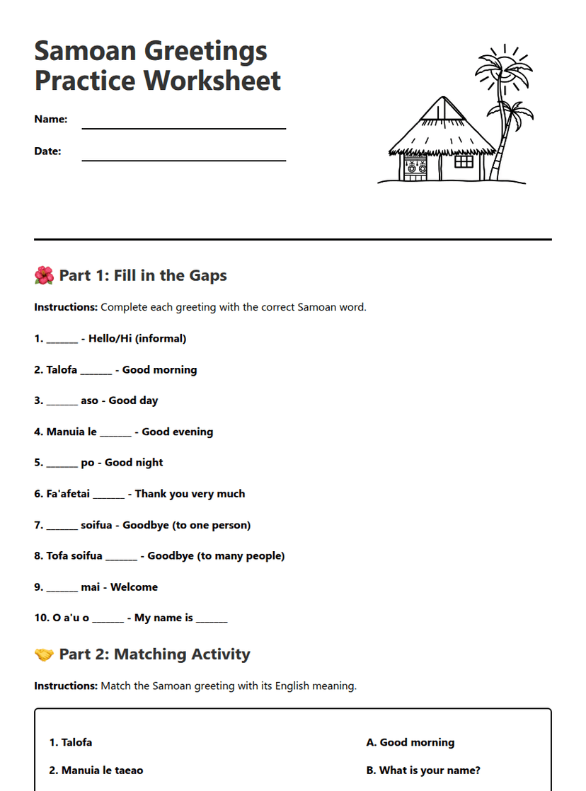 Samoan Greetings Practice Worksheet