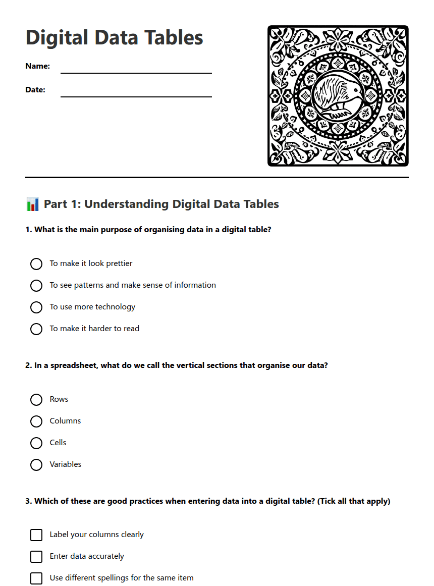 Digital Data Tables worksheet preview