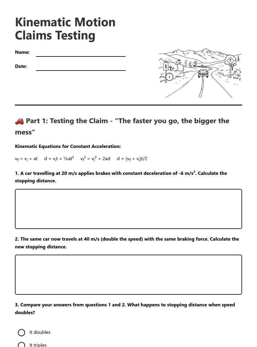 Kinematic Motion Claims Testing worksheet preview