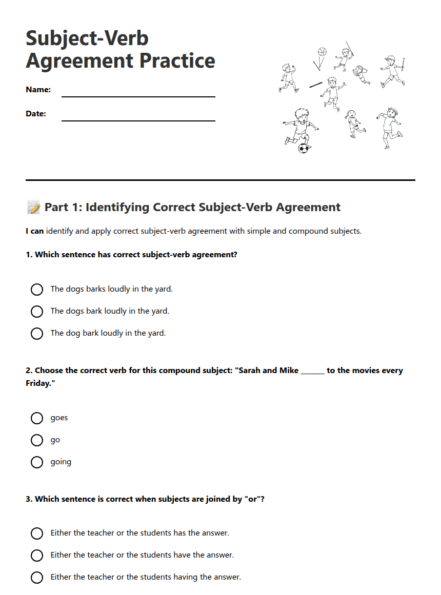 Subject-Verb Agreement Practice worksheet preview
