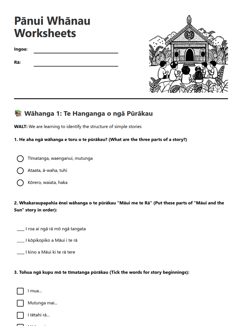 Pānui Whānau Worksheets