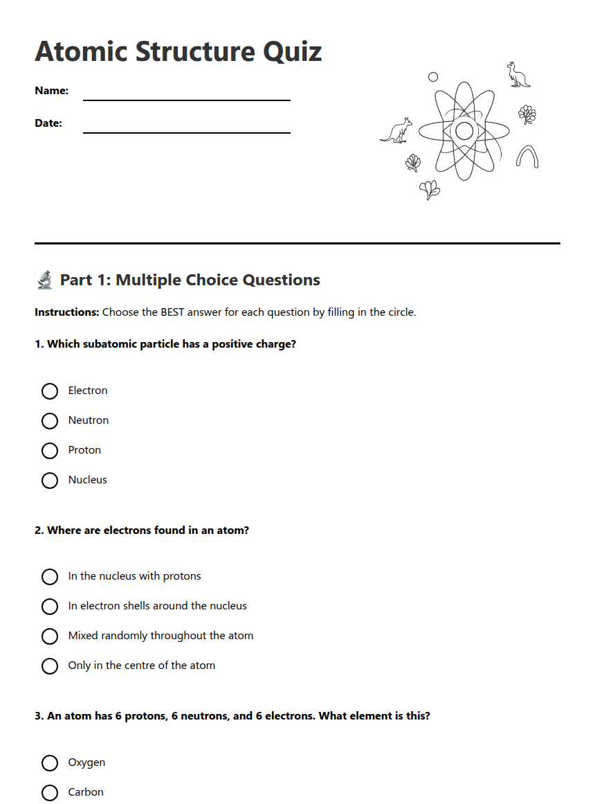 Atomic Structure Quiz worksheet preview