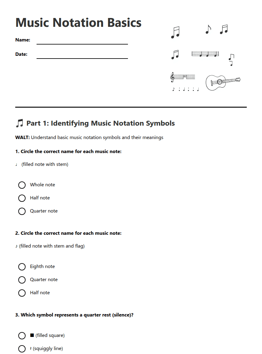 Music Notation Basics worksheet preview
