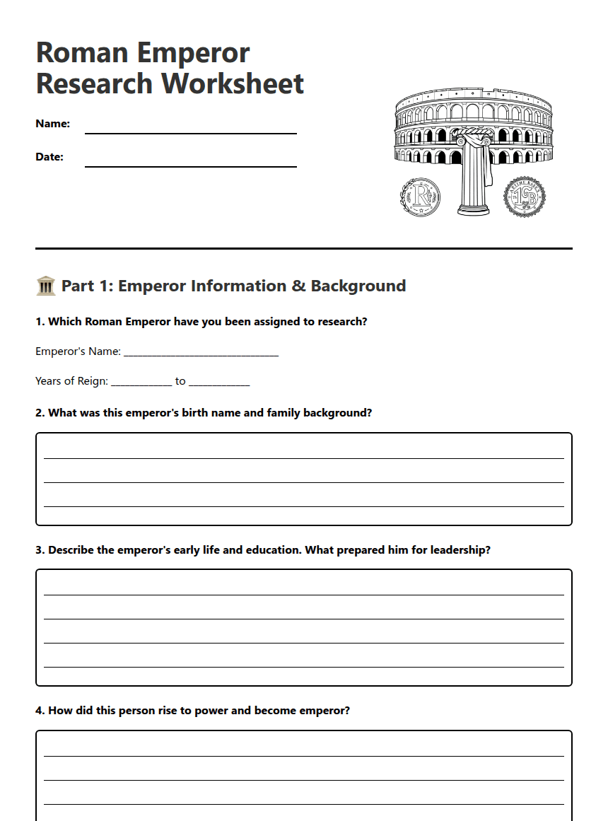Roman Emperor Research Worksheet worksheet preview