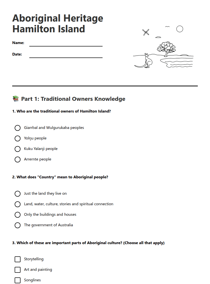 Aboriginal Heritage Hamilton Island worksheet preview