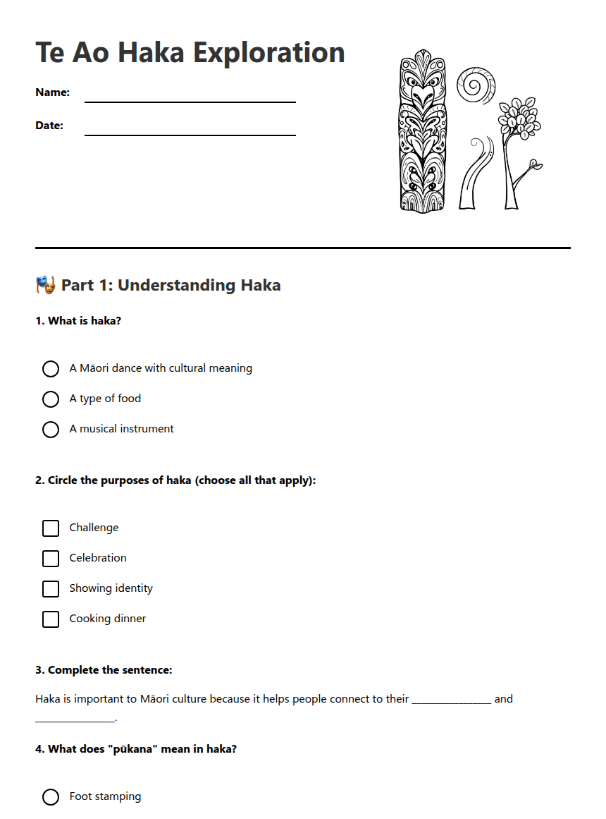 Te Ao Haka Exploration worksheet preview