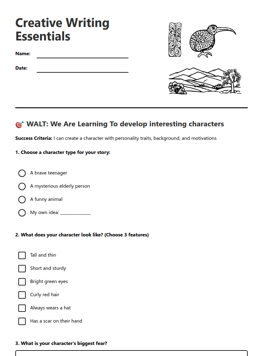 Creative Writing Essentials worksheet preview