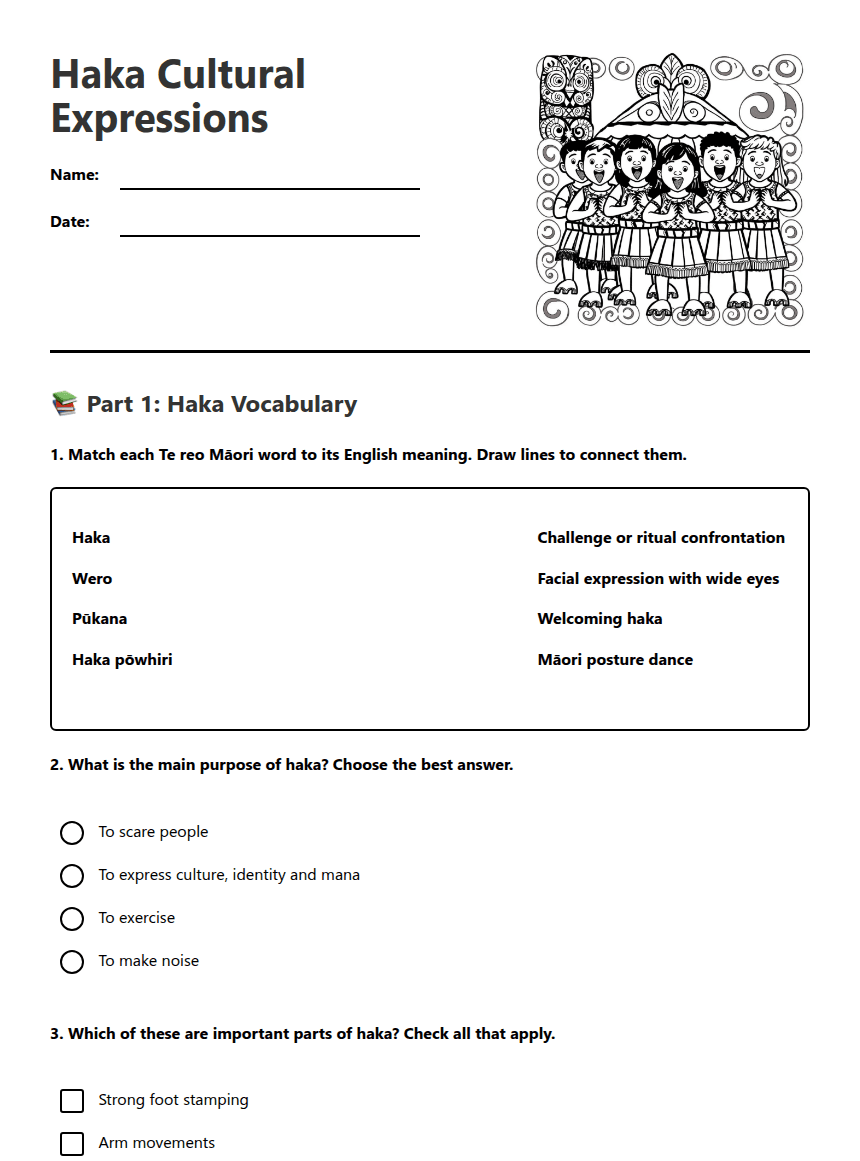 Haka Cultural Expressions worksheet preview