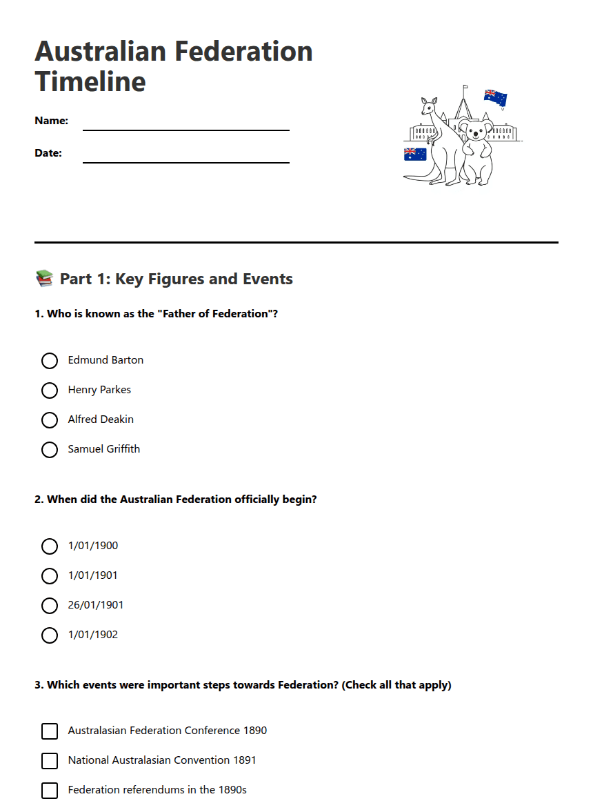 Australian Federation Timeline worksheet preview