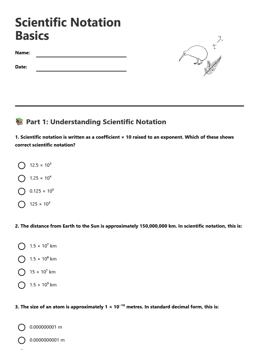 Scientific Notation Basics worksheet preview