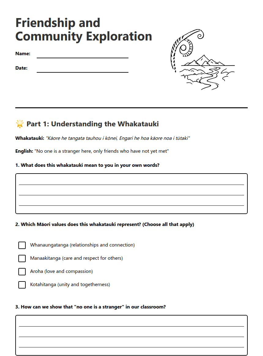 Friendship and Community Exploration worksheet preview