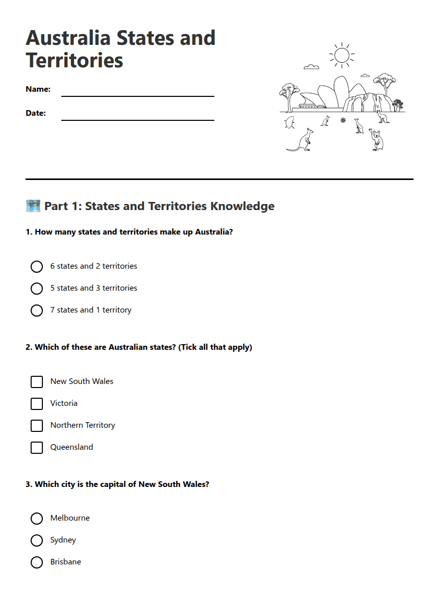 Australia States and Territories worksheet preview