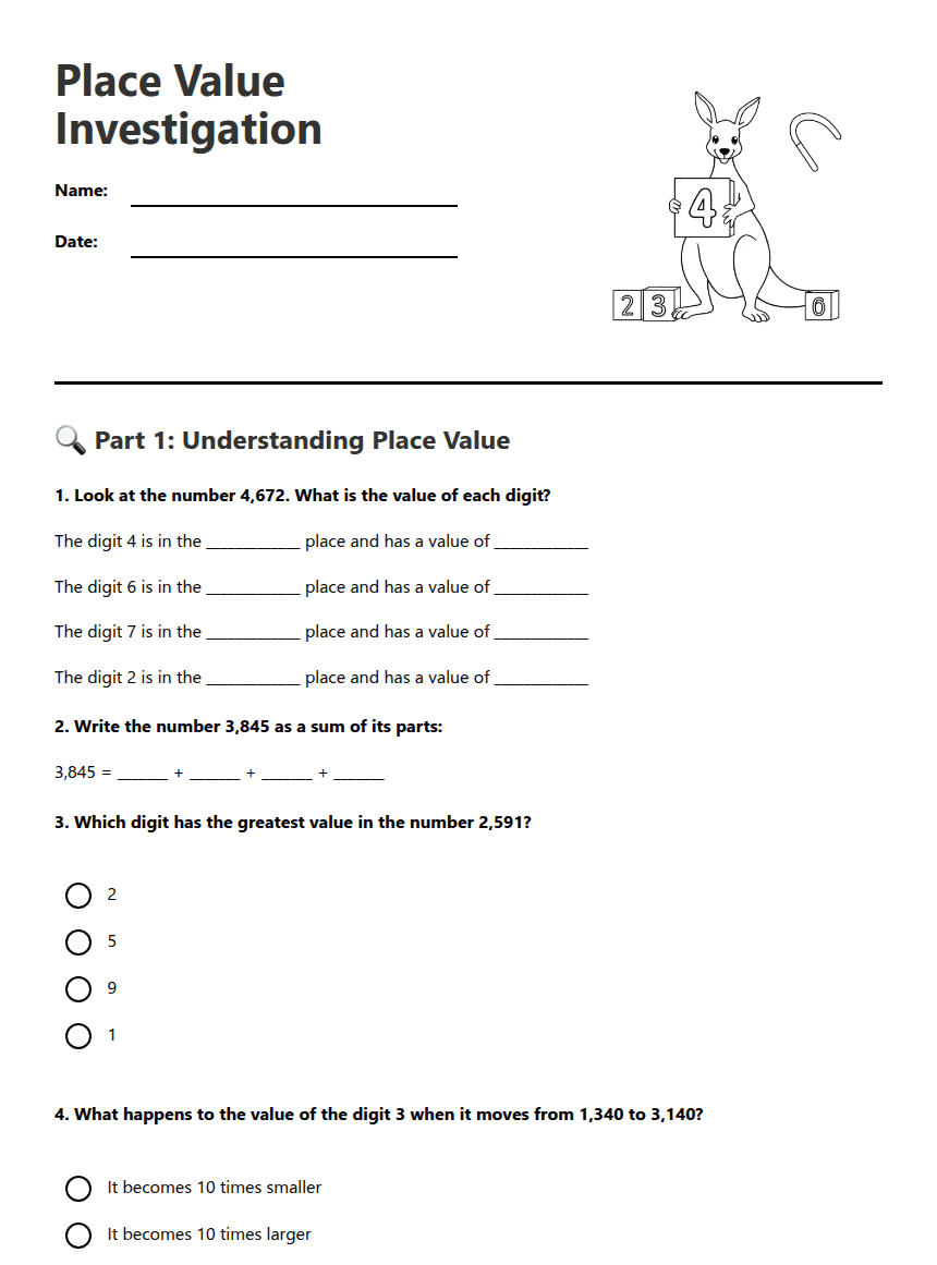 Place Value Investigation worksheet preview