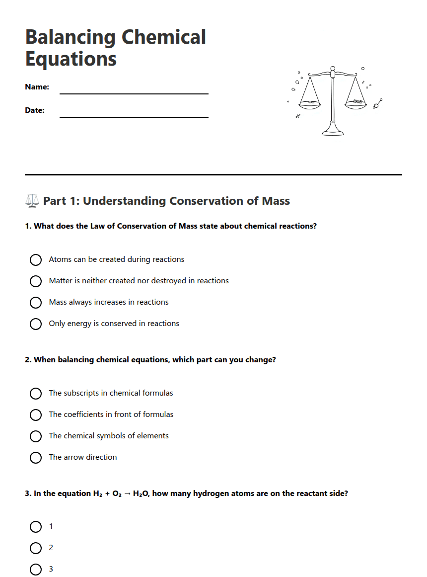 Balancing Chemical Equations worksheet preview