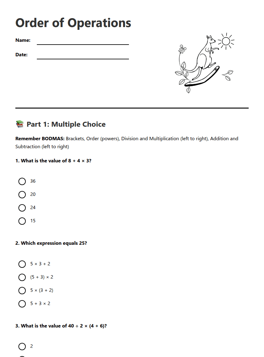 Order of Operations worksheet preview