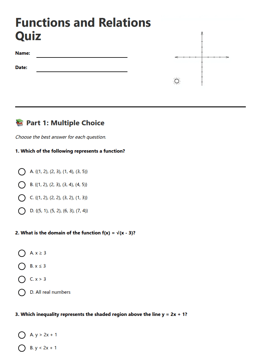 Functions and Relations Quiz worksheet preview