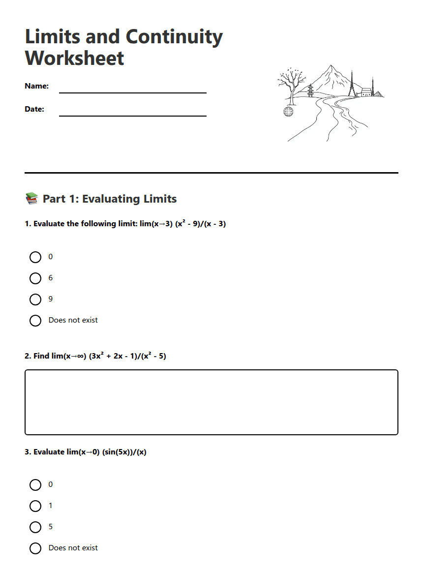 Limits and Continuity Worksheet worksheet preview