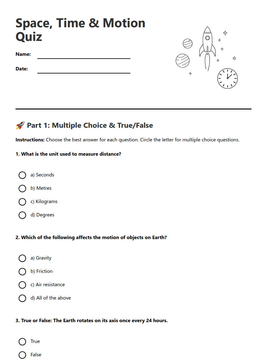 Space, Time & Motion Quiz worksheet preview