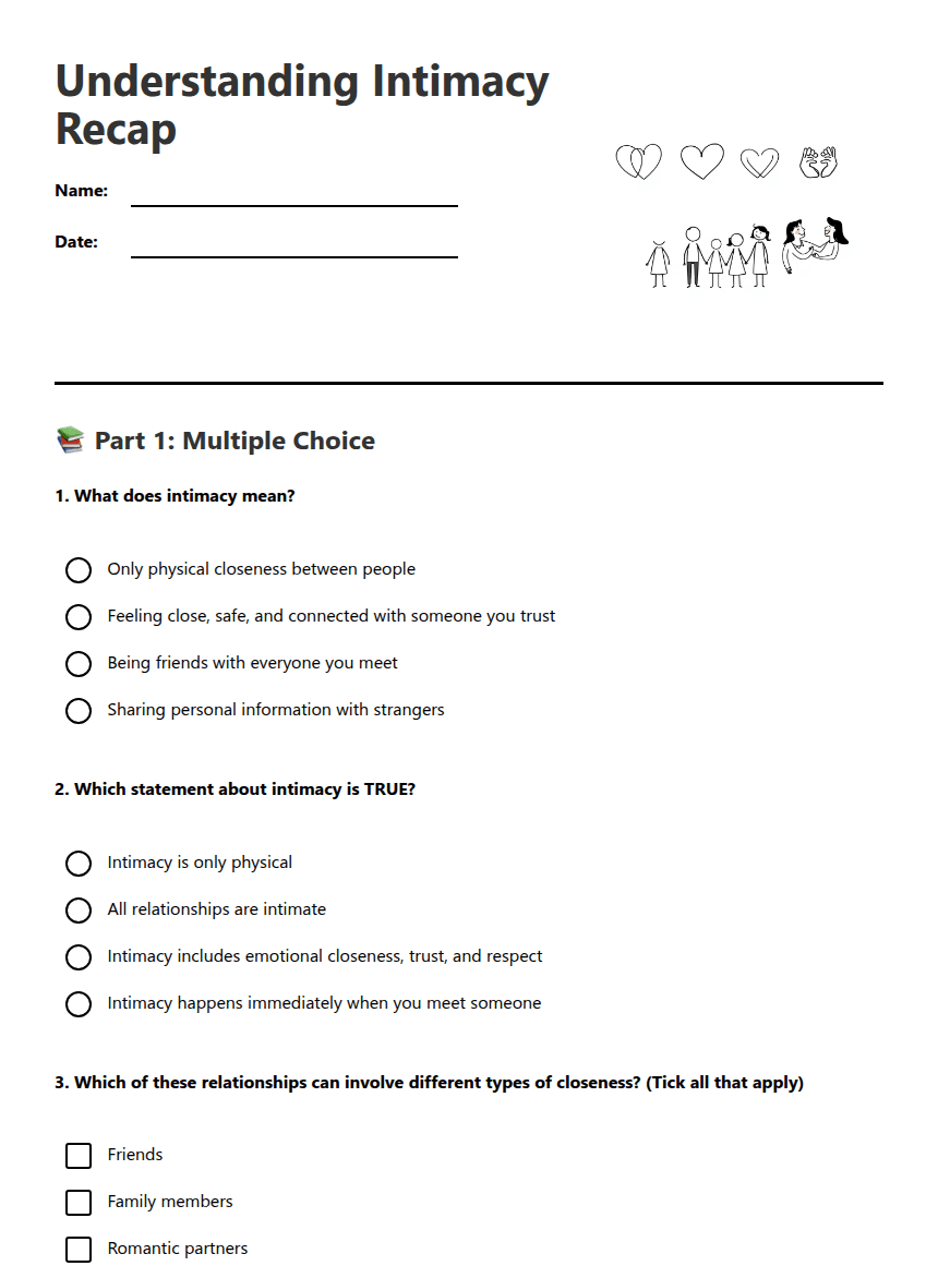 Understanding Intimacy Recap worksheet preview