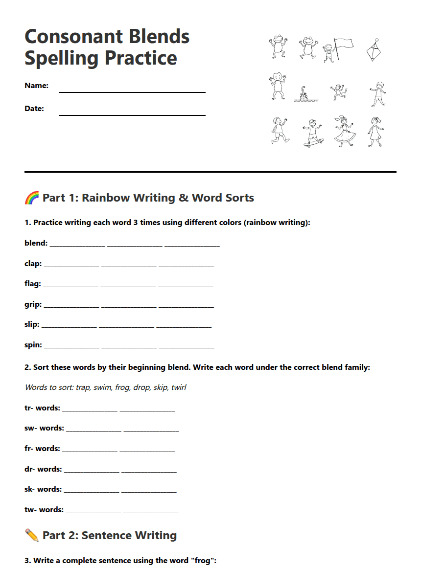Consonant Blends Spelling Practice worksheet preview