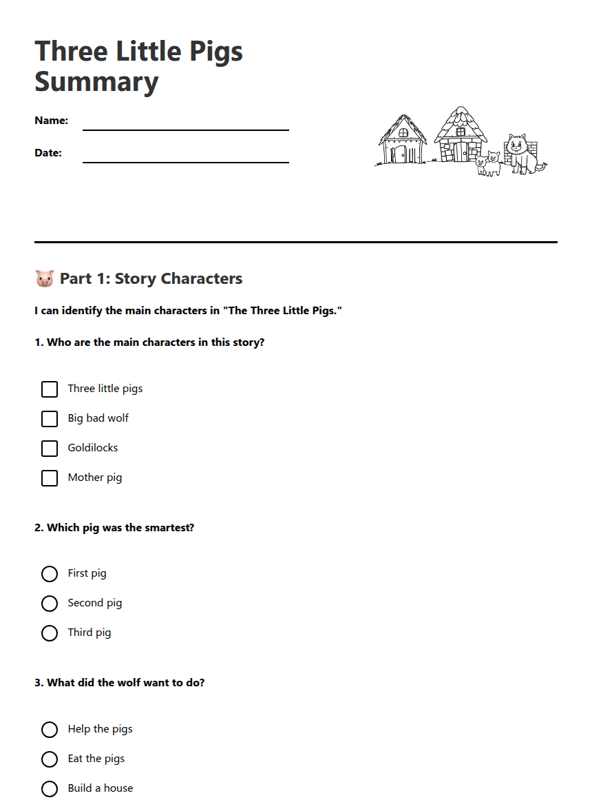 Three Little Pigs Summary worksheet preview