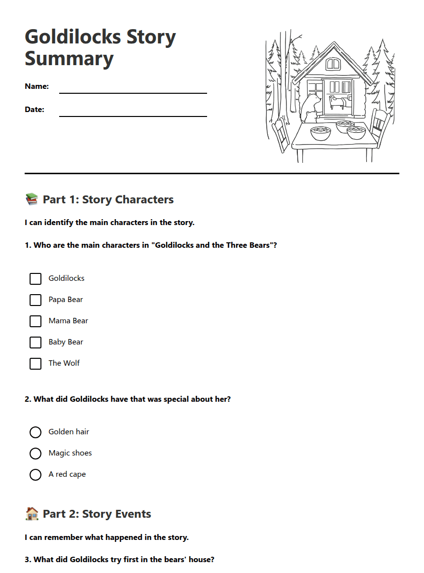 Goldilocks Story Summary worksheet preview